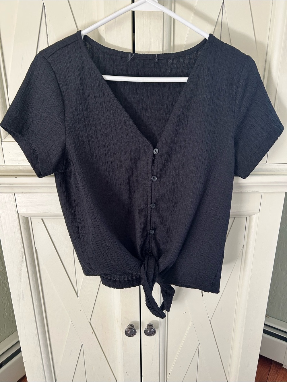 Women’s Black V-Neck Button Tie-Front Top